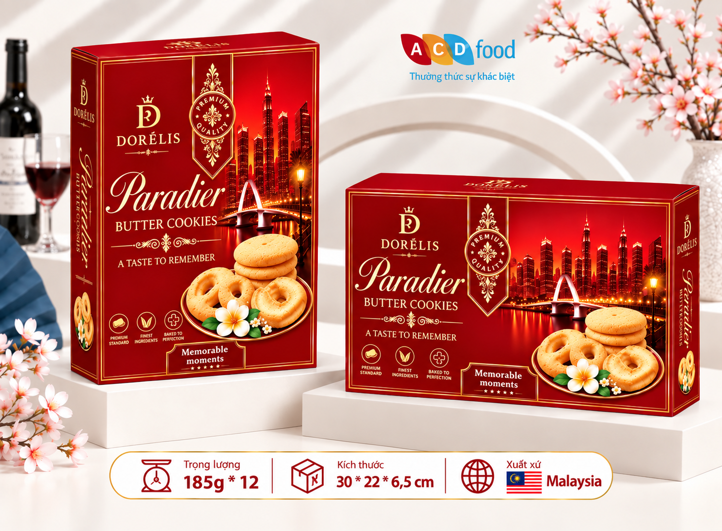 Bánh quy bơ Paradier 185g*12 - Hộp giấy (Đỏ, Vàng, Xanh)